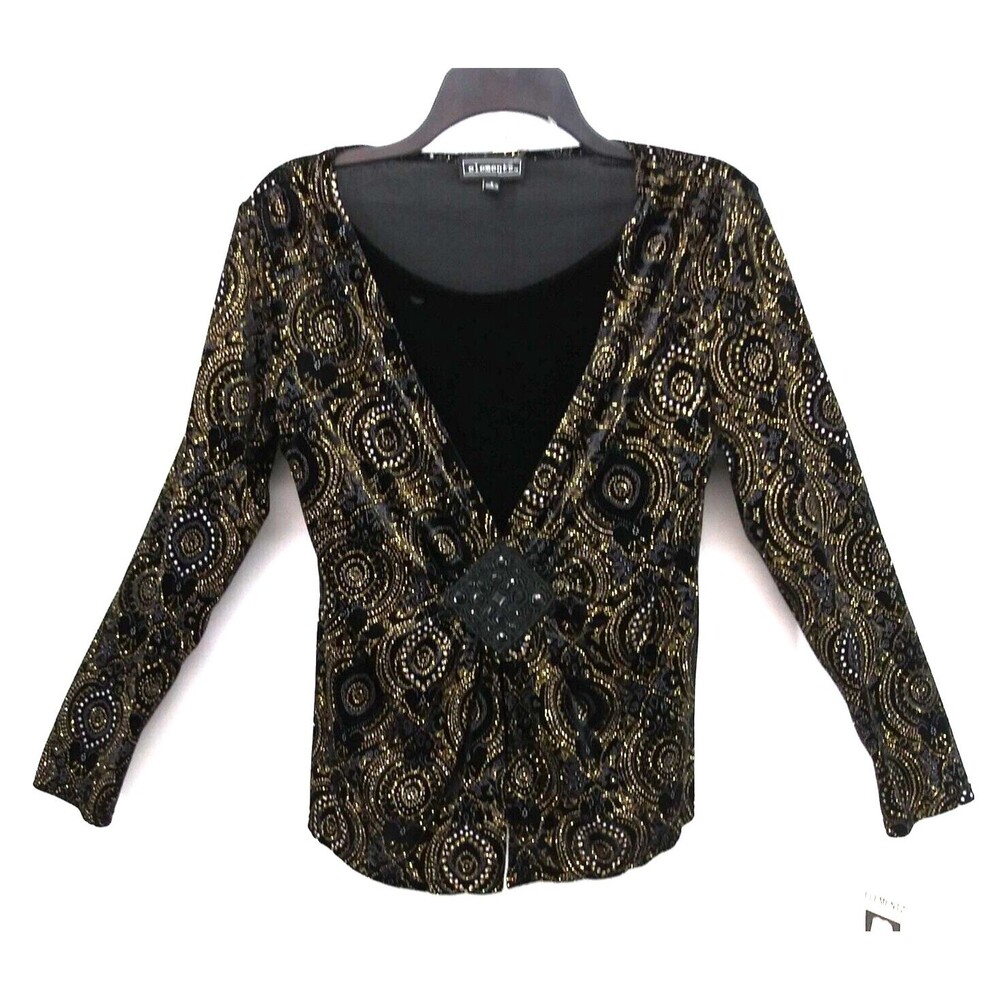 Elementz Blouse Women Size S Black Gold Silver Beaded Baroque Designer Top